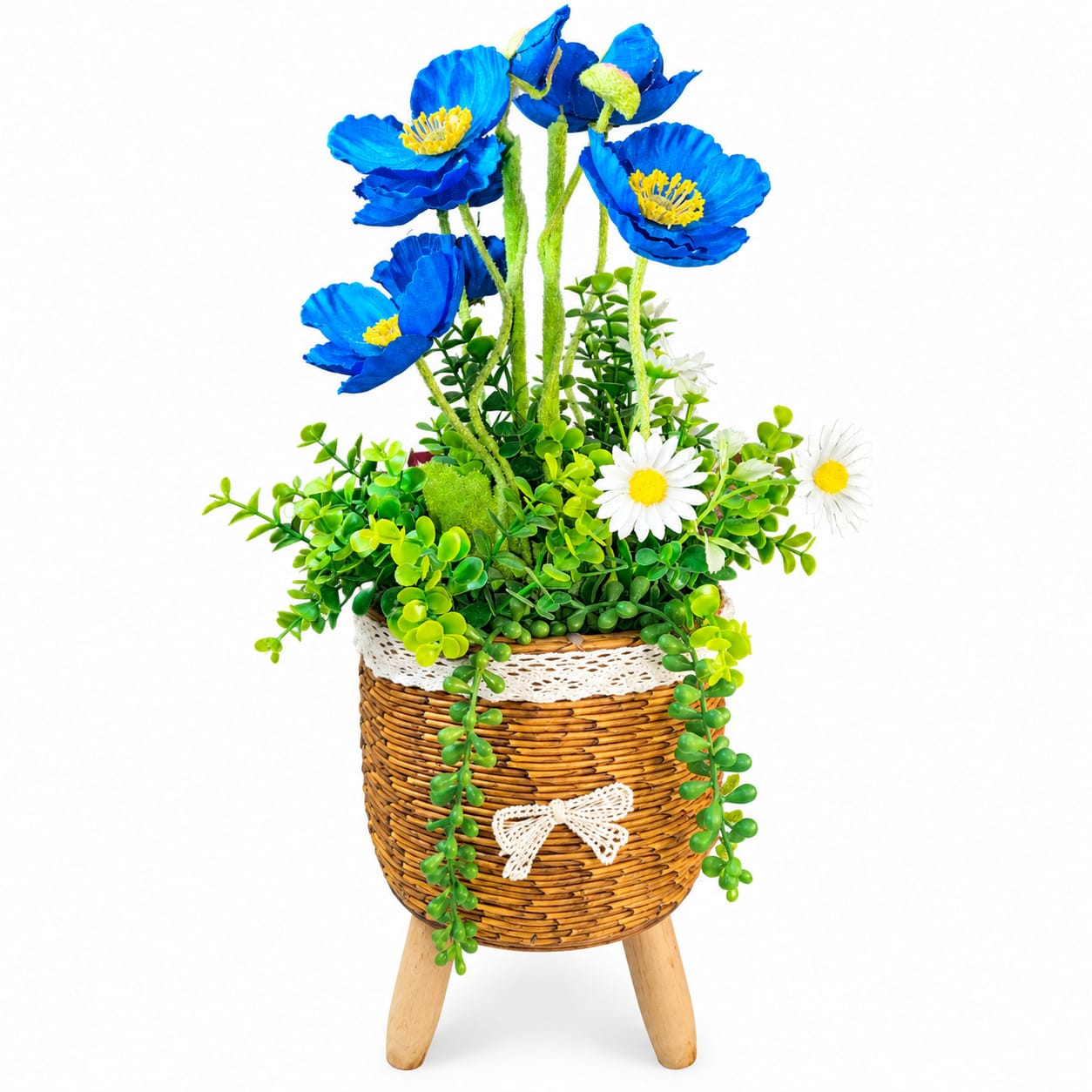 Blue Flower in Lace Wicker Planter