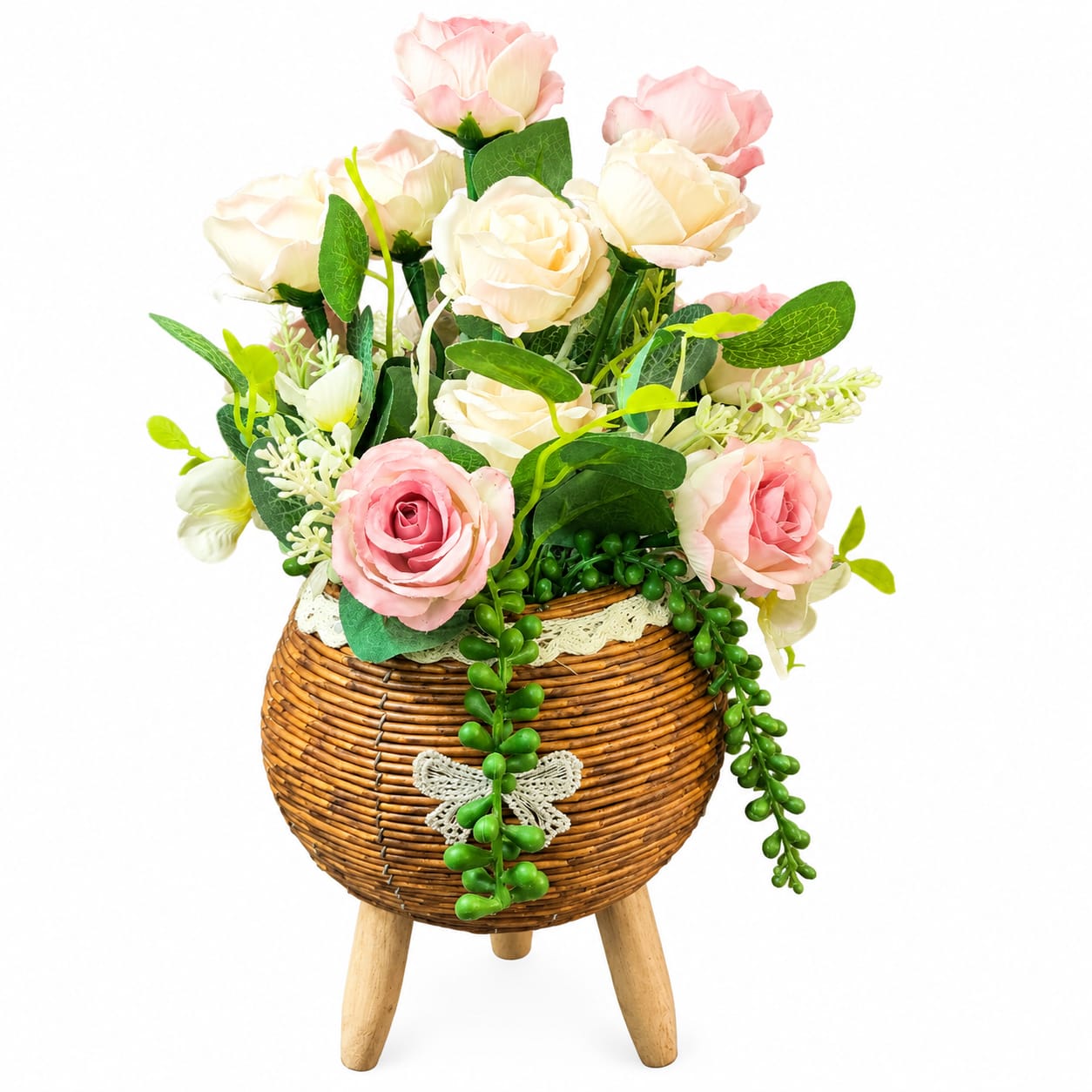 Pastal Rose in Lace Wicker Planter Wooden Leg